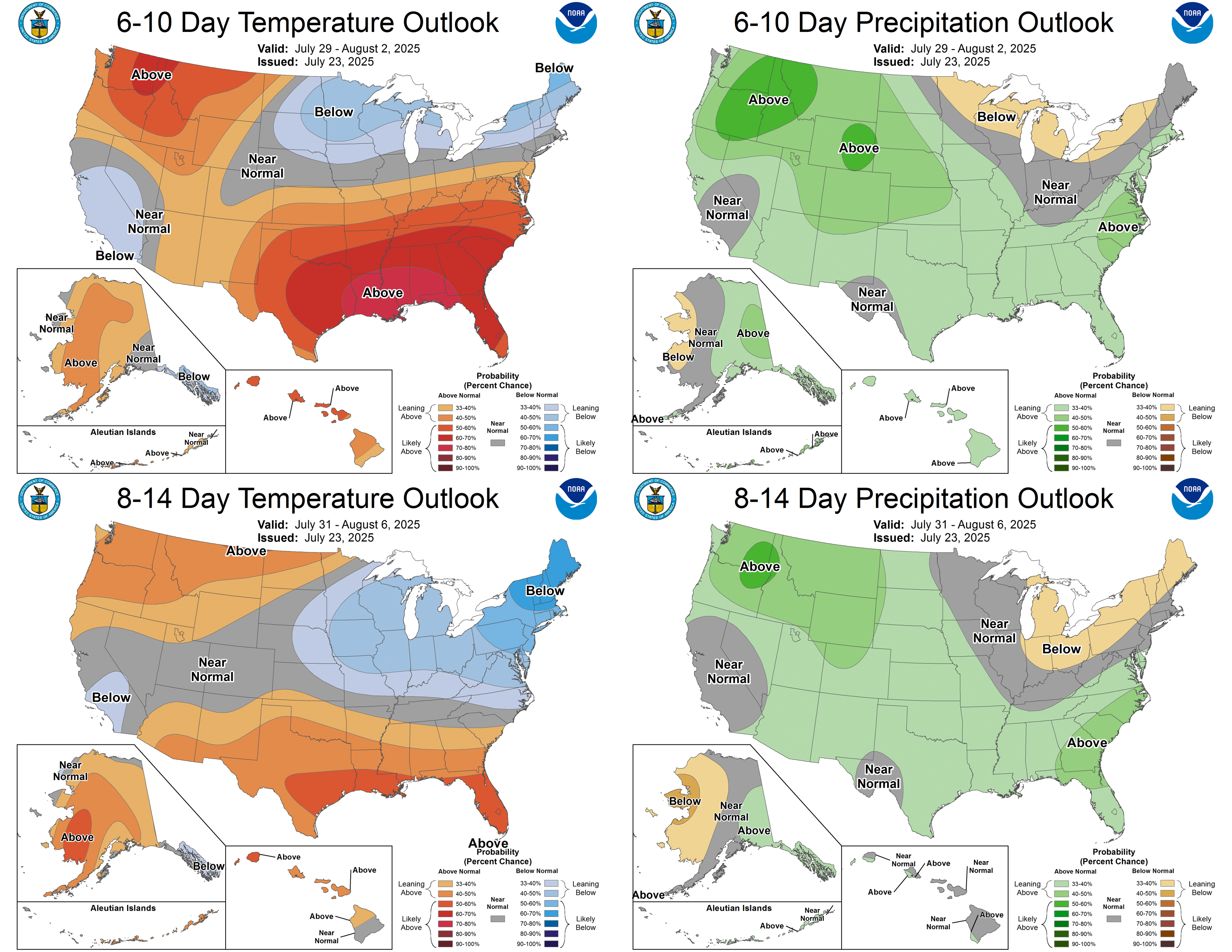 NOAA 4-panel outlook maps show U.S. temperature and precipitation forecasts issued July 23, 2025. For July 29–Aug 2, much of the central and eastern U.S. is warmer than normal; precipitation is above normal in the northern Plains and Southeast. For July 31–Aug 6, heat continues in the South and West, cooler in the Midwest; precipitation above normal in the West, Southeast, and Great Lakes, below normal in the Northeast.